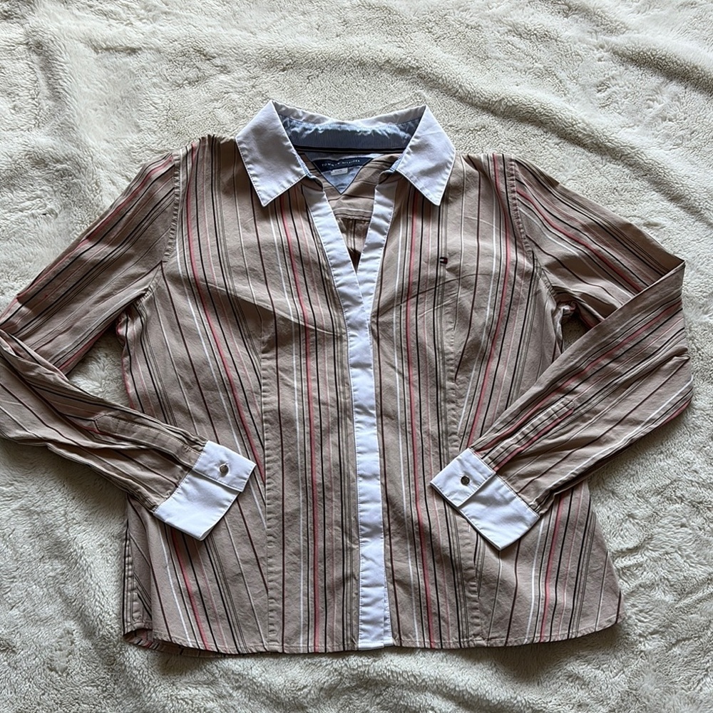 Tommy Hilfiger Beige Striped Button-Front Shirt with White Collar & Cuffs